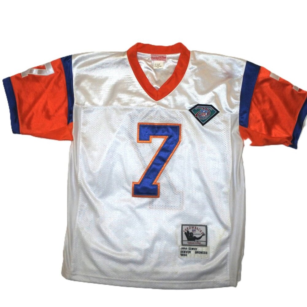 Mens 48 Mitchell & Ness John Elway 75th Patch Denver Broncos Road White Jersey